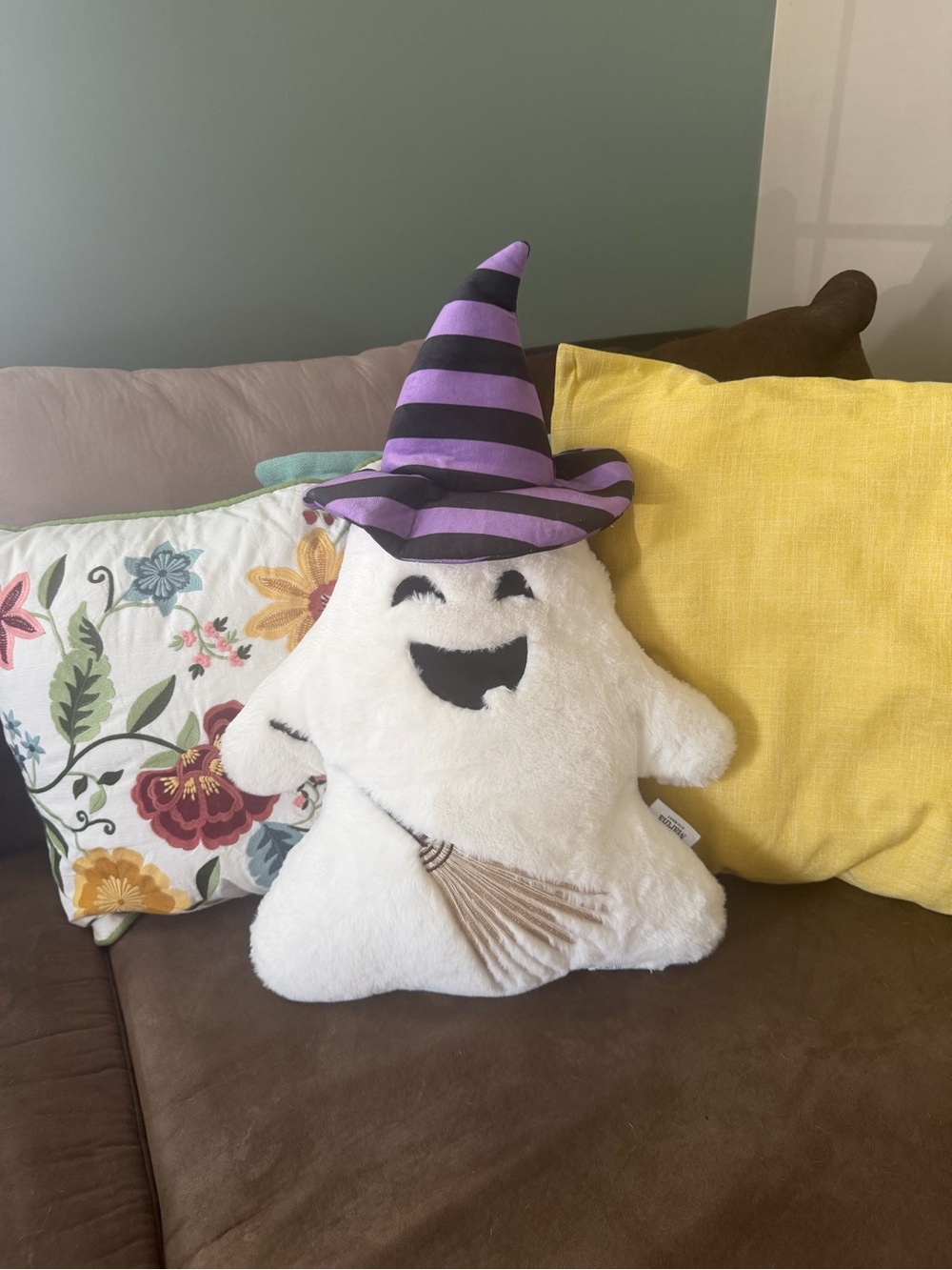 Martha Stewart Plush Halloween Ghost Pillow with Purple Striped Witch Hat
